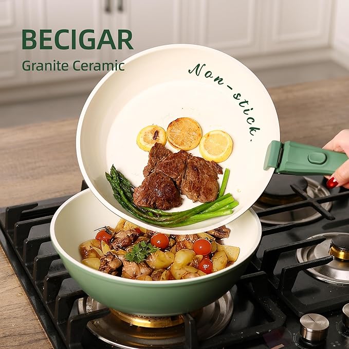 23pcs Ceramic Pots and Pans Set, Nonstick Detachable Handle Cookware, Induction Kitchen Cooking Set with Removable Handle,include Frying Pans & Saucepans Oven Safe(Green)