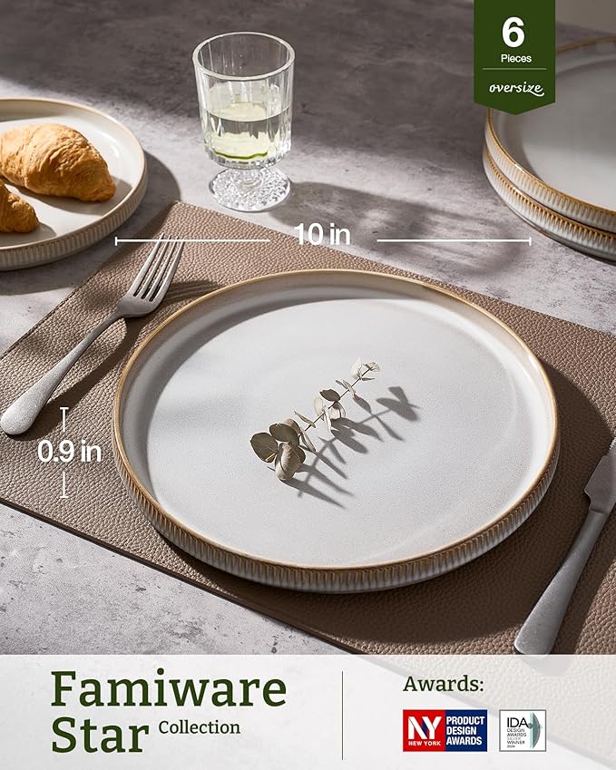 famiware Star Dinner Plates for 6, 10 inches Plate Set, Scratch Resistant, Stoneware Dinnerware, Kitchen Modern Rustic Serving Dishes, Cappuccino White (Pack of 3)