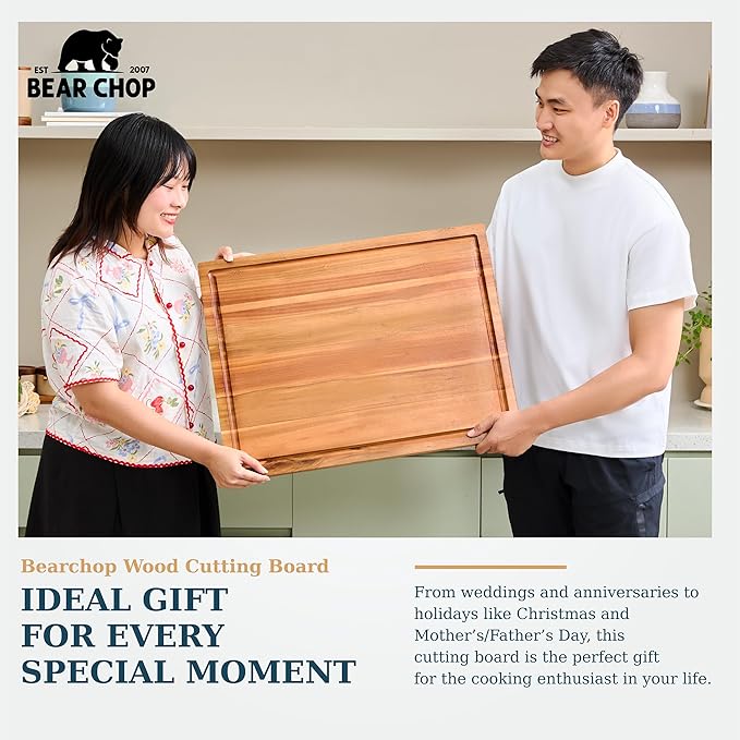 Bearchop Acacia Wood Cutting Board for Kitchen, Butcher Block with 2-Side Reinforced Bar for Crack/Warp Resistance, [17"x13"x1"] Medium Wooden Cutting Boards with Juice Groove, Handle and Gift Box
