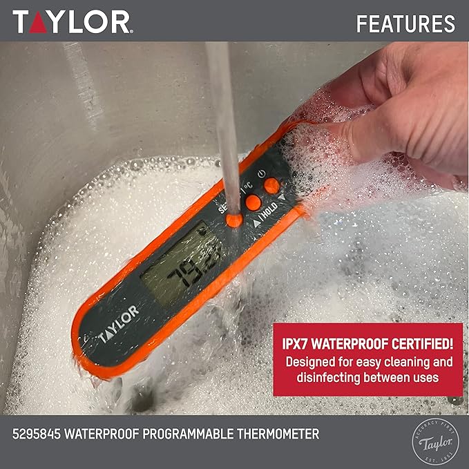 Taylor Digital Waterproof Kitchen Food and Meat Thermometer, with a Folding Probe, Programmable Presets, Backlit Display for Oven, Grilling, Smoker & BBQ - Includes 2 AAA Batteries