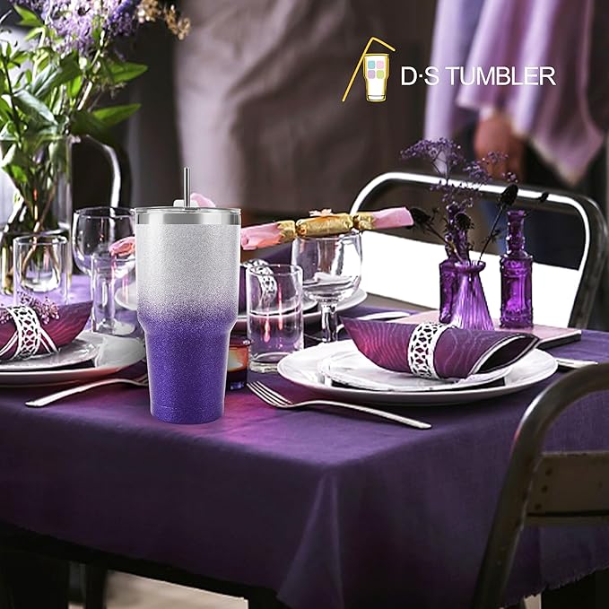 D·S 30 oz Tumbler Purple Glitter Gradient Cup Stainless Steel Double Wall Vacuum Insulated Mug with Straw and Lid, Cleaning Brush for Cold and Hot Beverages