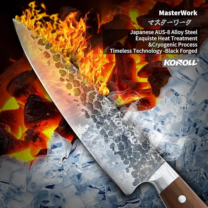 KONOLL Kitchen Knife Set of 5 pcs Japanese AUS-8 Steel Forged Handmade Chef Knives Set without block For Chef Gift Box knofe Set Ultra Sharp with Full Tang Large Wood Handle