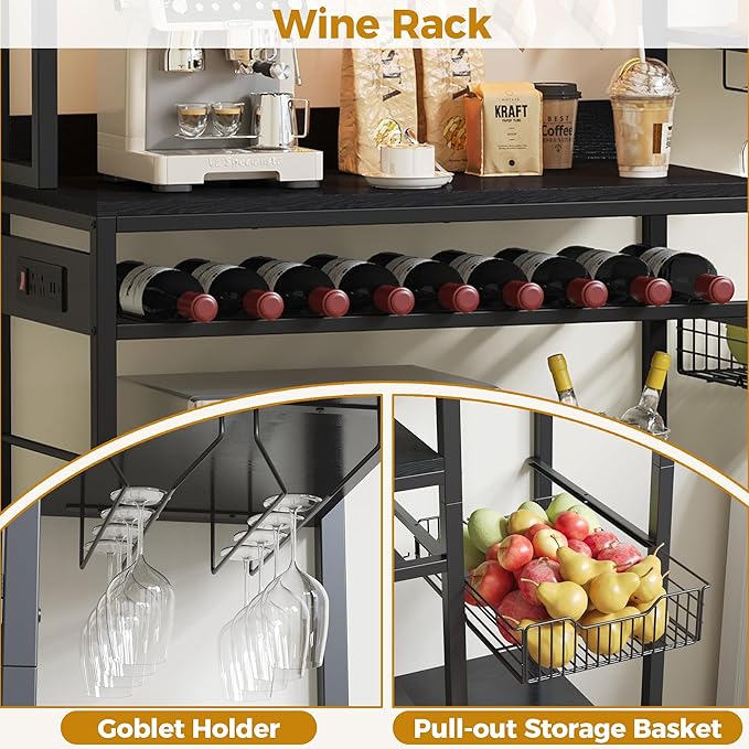 IRONCK Bakers Rack with Power Outlet, 47.24 Inch Coffee Bar Cabinet, Kitchen Microwave Stand with Storage, Kitchen Shelf with Shelves, LED Light, Globlet Holder and Wine Basket, Black