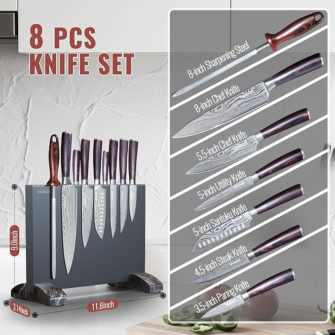 Black Knife Set With Block - 8 Pieces High Carbon Stainless Steel Magnetic Knife Set with Sharpener, Ultra Sharp Kitchen Knives Sets for Cooking with Ergonomic Handle