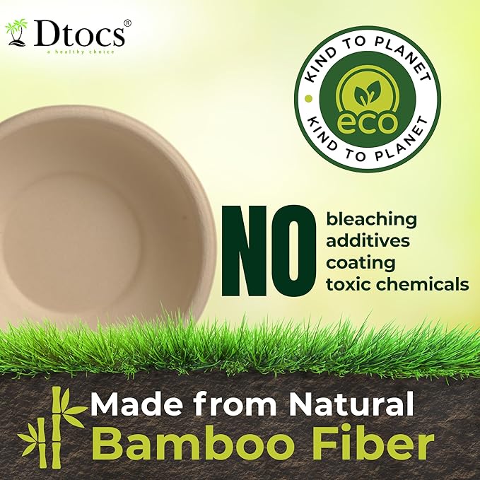 Dtocs Bamboo Fiber Disposable Bowls – 28 Oz, 70 Pk | Eco Friendly Large Bowl | Microwave Safe Bagasse Bowl for Soup, Dessert, Salad bowls | Disposable Dinnerware Alt to Paper, Plastic