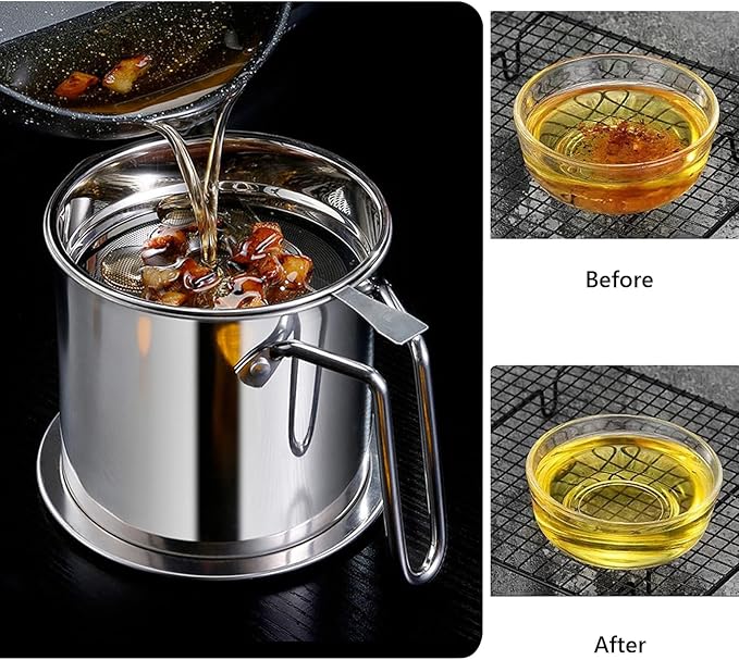 Bacon Grease Container With Strainer, 2.1L Grease Strainer and Container with Dust-Proof Lid, 304 Stainless Steel Oil Filter Storage with Fine Mesh 2.1L