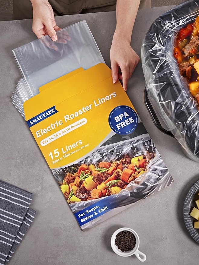 SMARTAKE Electric Roaster Liners, 15 Count Disposable Roaster Liners, Fits 16, 18, 22 Quart Roasters, Roaster Pan Oven Liners Plastic Cooking Bags for Instant Cleanup, 18 x 34 Inch