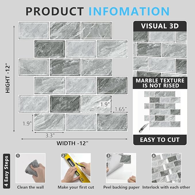 URCOLOR 10-Sheet Stick on Backsplash for Kitchen,12"x12" Peel and Stick Self Adhesive Wall Tiles Back Splashes for Bathroom Light Gray Marble Look