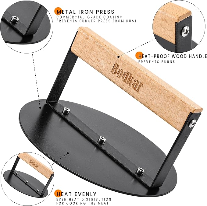 Smash Burger Press 6 inch, Round Burger Smasher Grill Press for Griddle Bacon Press Meat Steak Press with Wood Handle