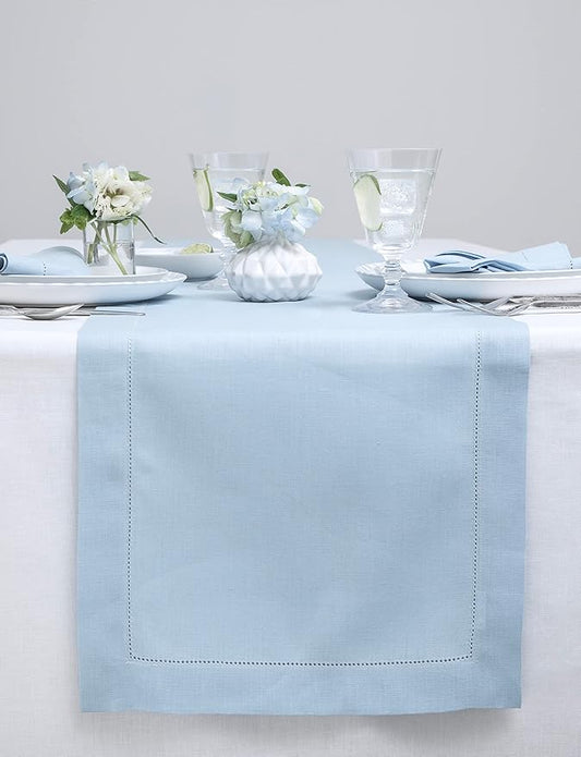 Solino Home Linen Sky Blue Table Runner 120 Inches Long - 100% Pure Linen Hemstitch 14 x 120 Inch Table Runner for Dining, Spring, Easter - Classic Hemstitch