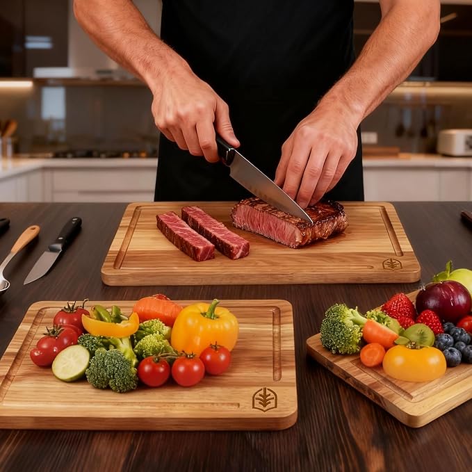 Amitlimate 3 PCS Cutting Boards for Kitchen, Premium Acacia Wooden Cutting Board Set with Built-In Handle and Juice Groove, Charcuterie & Chopping Butcher Block for Meat, Vegetables, Fruits (Brown)