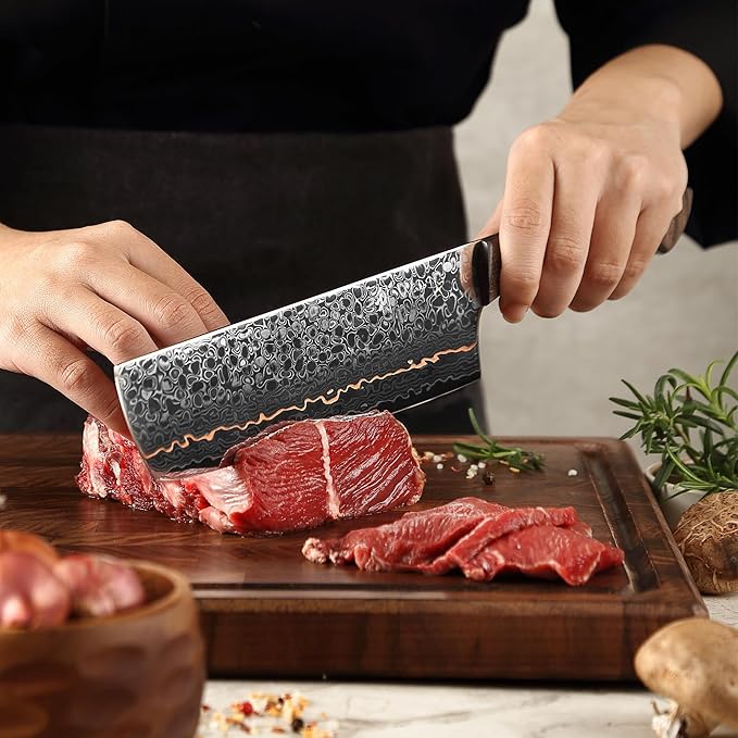 Wakoli Kawa Nakiri Knife, 7.1-Inch Blade Damascus Chef Knife | 67-Layer Damascus Steel with VG10 Core | Copper Inlay | Maple Stabilized Wood Handle | Professional Kitchen Knife