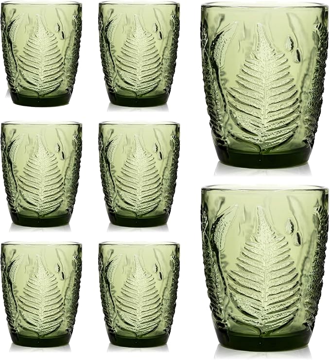 Green Drinking Glasses Set of 8, 10 oz Handcrafted Deep Textured Glass Cups, Retro Colored Drinkware for Water & Cocktails, Decorative Vintage Glassware, Everyday Use & Entertaining Artisan Gift Set