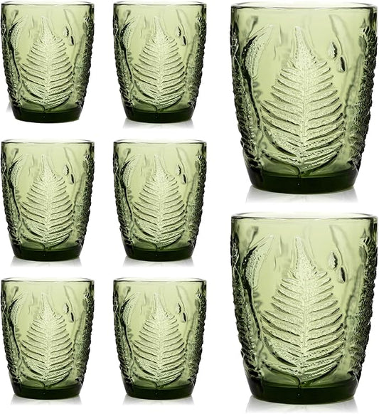 Green Drinking Glasses Set of 8, 10 oz Handcrafted Deep Textured Glass Cups, Retro Colored Drinkware for Water & Cocktails, Decorative Vintage Glassware, Everyday Use & Entertaining Artisan Gift Set
