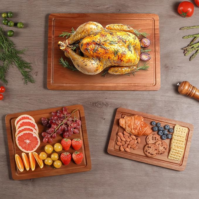 Wood Cutting Board, Wooden Cutting Boards for Kitchen with Deep Juice Grooves & Built-in Handles, Ideal Charcuterie & Chopping for Meat, Chopping Boards Set of 3