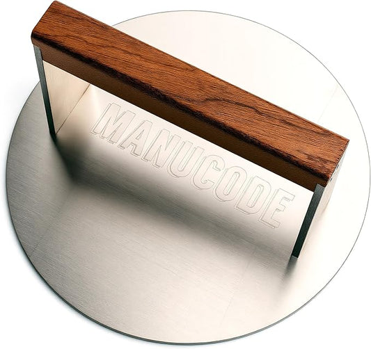 Manucode Smash Burger Press 8 Inch, 3.1 Lb Burger Smasher, Heatable for Searing Panini, Steak, Chicken, Salmon, Stainless Steel Bacon Press, Flat Bottom, Seasoning Free, Wooden Handle No Spin
