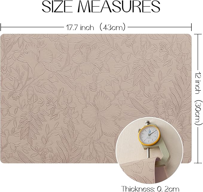 Romanstile Vinyl Placemats Set of 6-12 X 17 Inch - Heat Resistant Non-Slip Embossed Floral Place Mats 100% Waterproof Oilproof Wipeable Faux Leather Table Mats for Kitchen/Dining/Party, Khaki