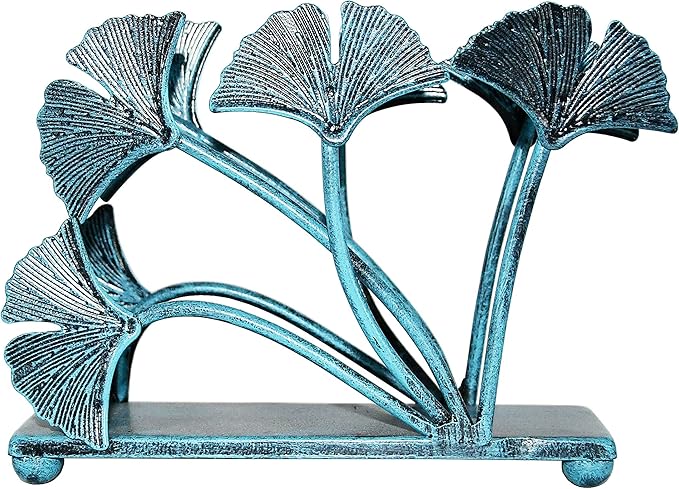 OwlGift Modern Ginkgo Leaves Design Napkin Holder for Tables, Metal Paper Napkin Storage for Kitchen, Stylish Paper Towel Dispenser, Mail Letter Sorter Rack, Document File Organizer – Turquoise