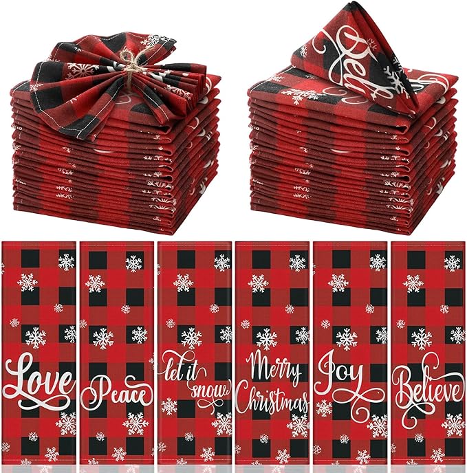 24 Pcs Christmas Plaid Cloth Napkins Buffalo Gingham 15 x 15 Inches Snowflakes Black and Red Checked Cotton Dinner Napkins Soft Absorbent Washable for Holiday Winter Xmas Party