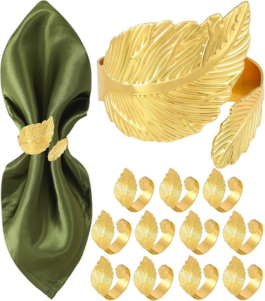 Napkin Rings Set of 12, Shiny Gold Napkin Rings, Smooth, Easy Care, Solid Metal Laurel Leaf Shaped Elegant Table Decor, Stylish Napkin Ring Bulk for Holidays Wedding, Party, New Homes Gift
