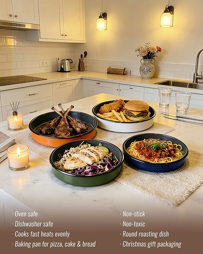 MCCSI Round Baking Pan Set Roasting Dish 4-Pack 9/10/12/14 Inch Enamel Non Stick Large Cookware for Cake Bread Pie Pizza Turkey Steak, Non-Toxic Oven Dishwasher Safe, Christmas Gift Bakeware