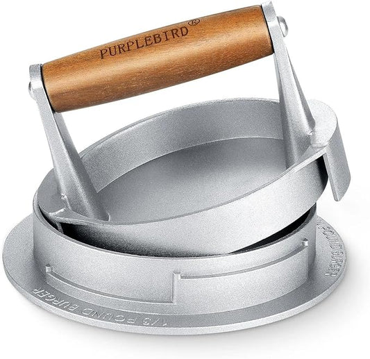 PURPLEBIRD Hamburger Press Patty Maker, Adjustable Burger Sharpener Mold, 1/2 lb, 1/3 lb, 1/4 LB, Stuffed Hamburger Ring Mold, Cast Aluminum Slider Sausage 3 in 1 Patty Maker, for Men