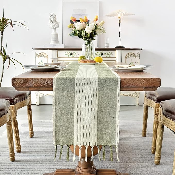 Wracra Linen Table Runner, Farmhouse Macrame Table Runners 90 Inches Long for Dining Table Decor, Wedding, Party and Dresser Decor (Sage Green,90")