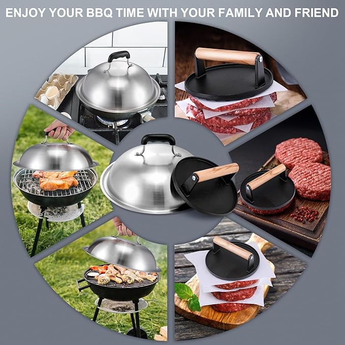 Smash Burger Press Kit, 7” Cast Iron Smash Burger Press with 12.5” Stainless Steel Griddle Dome & Burger Patty Papers, Heavy Duty Griddle Accessories for Family Cooking & Outdoor Grilling
