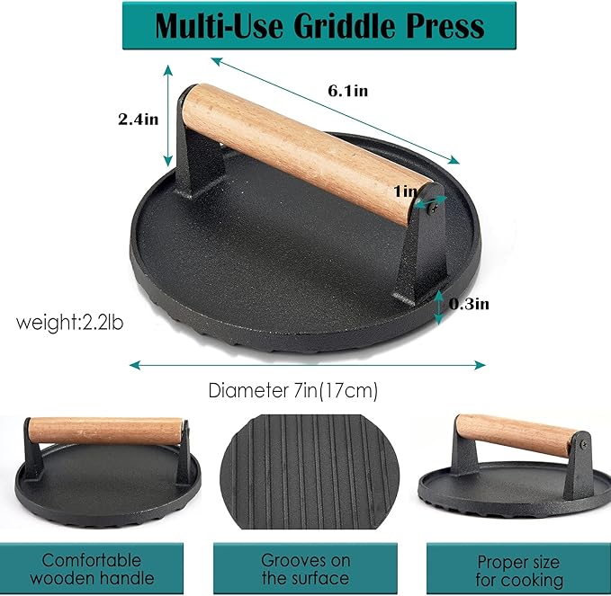 HaSteeL Melting Dome & Grill Press for Griddle, Stainless Steel 9In Basting Cover & Heavy Duty 7In Wooden Burger Press, Griddle Accessories Kit Great for Flat Top Teppanyaki Cast Iron Indoor Outdoor