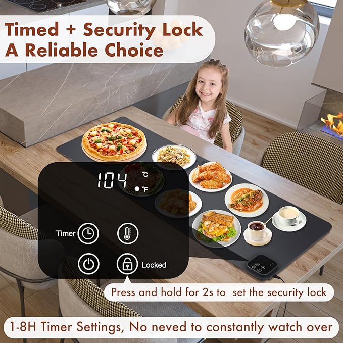 Food Warming Mat - 47.24''x15.75'' Food Warmer, 7-Temp Adjustable Fast Heating, Heat Meals/Keep Food Warm, Silicone Surface for Ceramic/Glass/Metal Containers, 8H Auto Shutoff