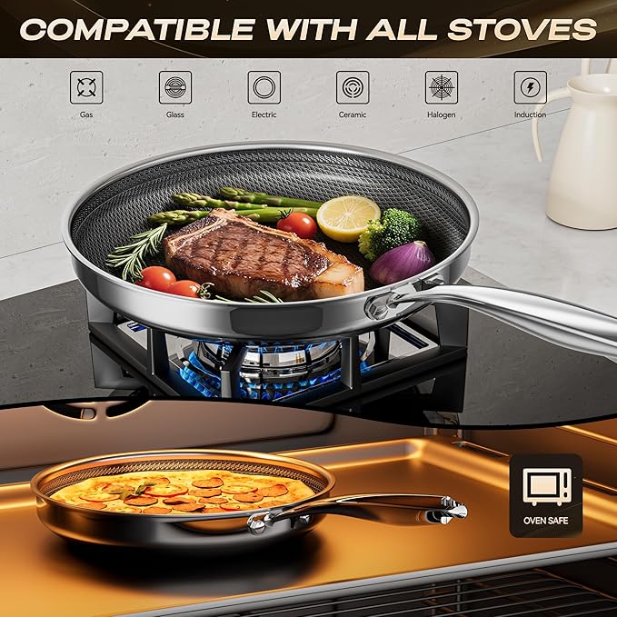 Hybrid Nonstick 9.5 Inch Frying Pan,Non Stick Frying Pan,PFAS PFOA PTFE Free,Stay-Cool Handle, Dishwasher-Friendly, Oven-Safe Up to 600°F, Induction Ready, Compatible with All Cooktops