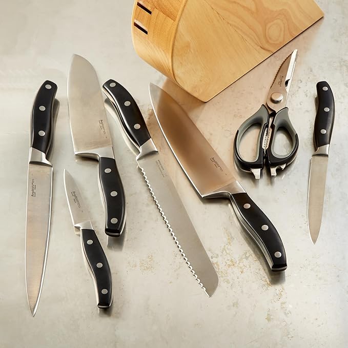 BergHOFF 7Pc Forged Knife Set With Wood Block Corrosion Resistant Ergonomically Designed ABS Handle With Triple Rivet