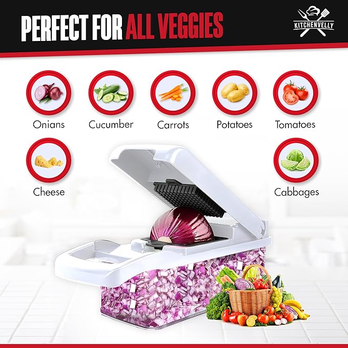 26-in-1 Vegetable Chopper with 8 Blades, Veggie Slicer & Dicer, Onion Chopper, Salad Chopper, Multi-Purpose Food Chopper with Container & Lid for Easy Meal Prep (Black & White)