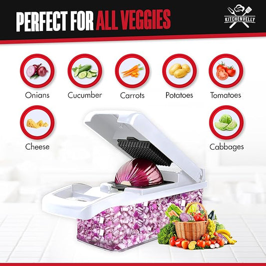 26-in-1 Vegetable Chopper with 8 Blades, Veggie Slicer & Dicer, Onion Chopper, Salad Chopper, Multi-Purpose Food Chopper with Container & Lid for Easy Meal Prep (Black & White)