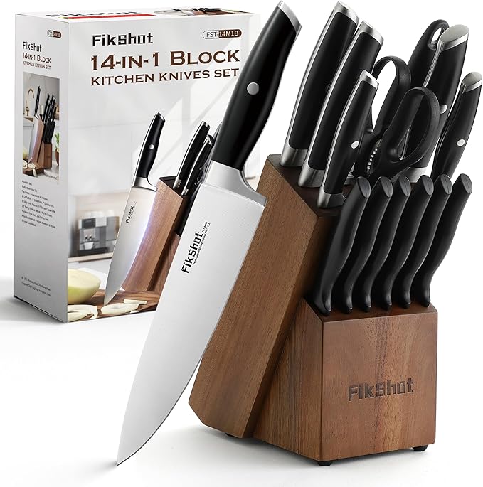 Knife Block Set, FIKSHOT Kitchen Knife Sets, High Carbon Stainless Steel Full Tang, Razor-Sharp Blade Rust Resistant, Professional Chef's Knives for Home Cooking (BLACK)