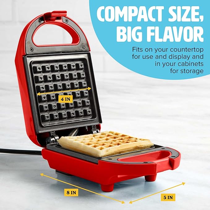 Tasty Mini Nonstick Waffle Maker, Perfect for Individual Waffles, Hash Browns, Brownies and more, Quick Results, Easy Clean Up, 600W, Red