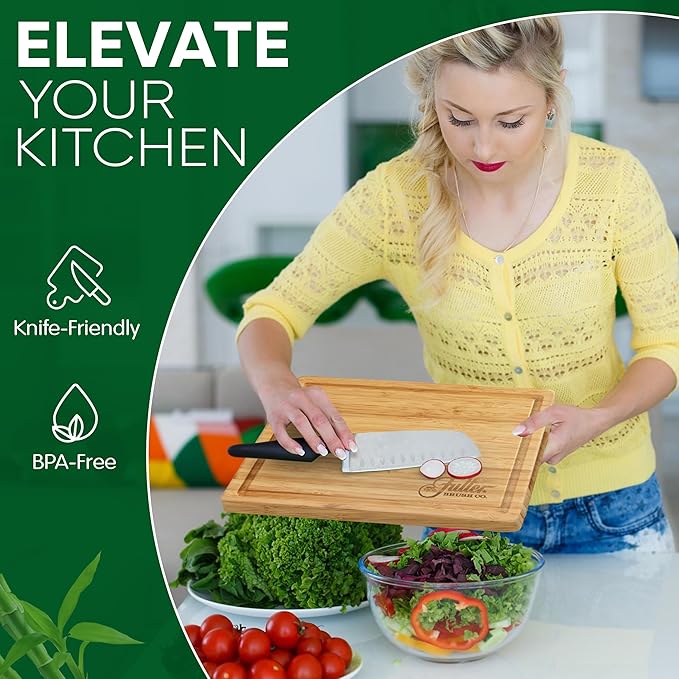 Fuller's Bamboo Cutting Board - 12” x 9” Wooden Chopping Board for Kitchen - Durable, Knife-Friendly, Easy to Clean - With Juice Groove & Side Handles for Food Prep & Serving