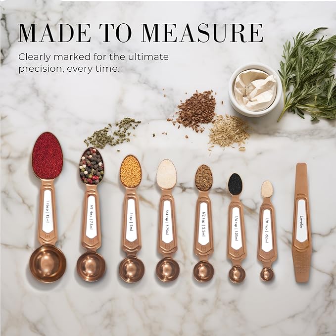 Copper Measuring Spoons Set with Leveler – 8-Piece Double-Sided Nesting Magnetic Measuring Spoons, Stackable & Spice Jar Friendly – Stylish Copper Kitchen Accessories and Decor for Baking and Cooking