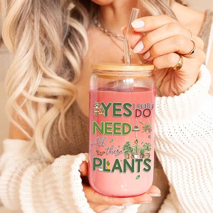 Gifts for Plant Lovers 16 Oz Glass Cup with Lid and Straw Plant Lady Coffee Mug Funny Plants Lover Tumbler Mothers Day Christmas Birthday Present for Gardeners Women Men Mom Dad
