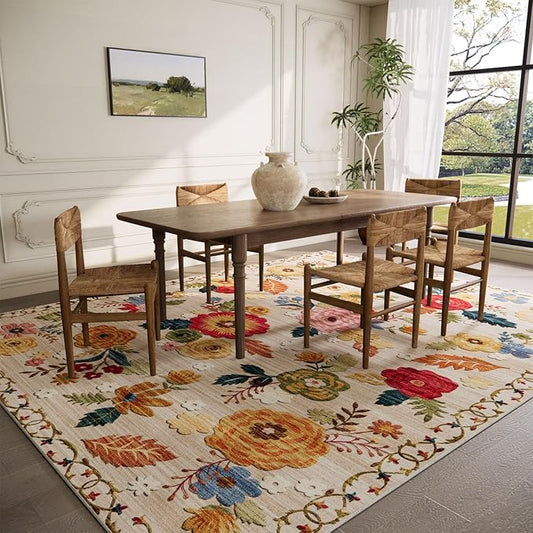 8x10 Area Rugs for Living Room: Washable Rug Stain Resistant Distressed Vintage Floral Rug Non Slip Low Pile Faux Wool Soft Large Area Rugs for Bedroom Bedside Farmhouse Dining Room Kids Nursery