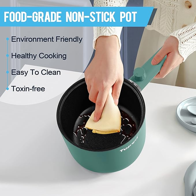 Topwit Hot Pot Electric, 1.5L Ramen Cooker, Portable Non-Stick Frying Pan, Hot Pot for Pasta, Steak, BPA Free, Electric Cooker with Dual Power Control, Over-Heating & Boil Dry Protection, Green
