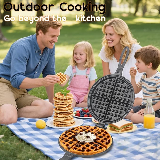 Cast Iron Waffle Maker for Stovetop or Camping Grill Two Piece Hinged Non Electric Waffle Iron Makes 8" Round Waffles