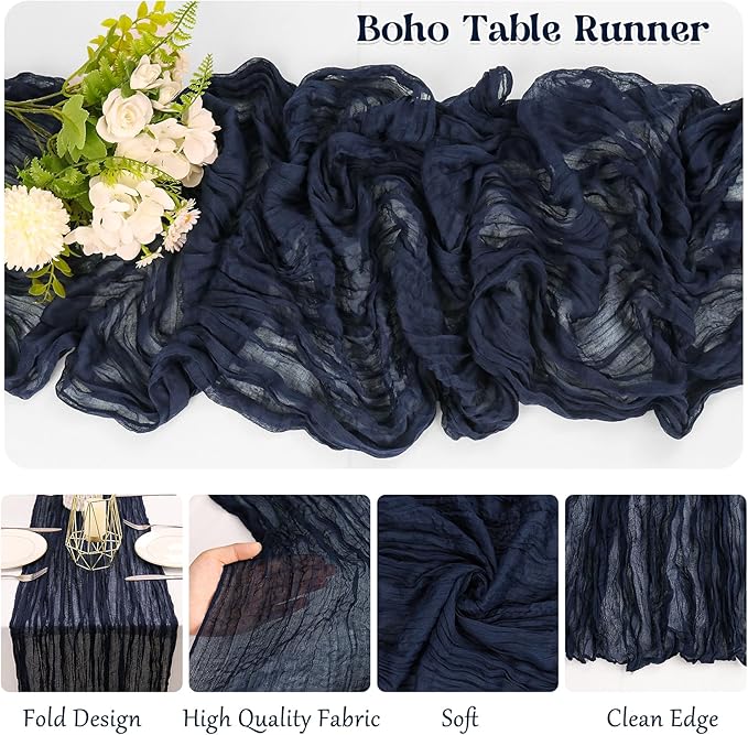 10 Pack Navy Blue Cheesecloth Table Runner 10FT Boho Gauze Fabric Table Runner Vintage Rustic Sheer Runners for Wedding Party Bridal Baby Shower Long Table Decorations