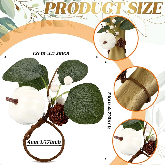Set of 6 Thanksgiving Napkin Rings White Pumpkin Artificial Eucalyptus Ring Holder Thanksgiving Fall Pumpkin Napkin Holder for Wedding Gathering Dinner Table Decoration