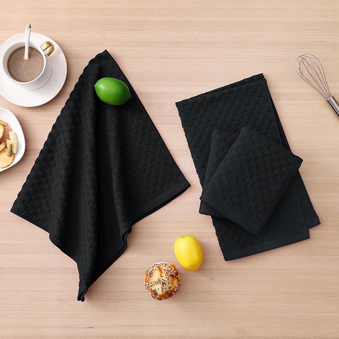 Homaxy 100% Cotton Kitchen Towels and Dishcloths Set, 12 x 12 & 15 x 25 Inches, Set of 12 Bulk Terry Cloth Dish Towels, Super Soft and Absorbent Hand Towel with Hanging Loop, Black