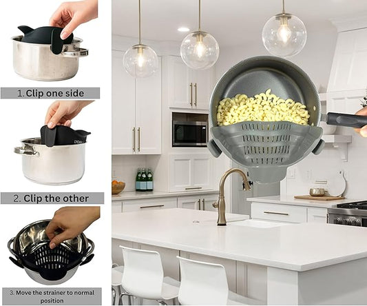 Clip on Strainer Silicone for All Pots and Pans, Colander, Pot Strainer for Pasta, Meat, Vegetables, Space Saving Design, Food-Safe with Collapsible Funnel, Garlic Peeler, 3 Pack (Gray)