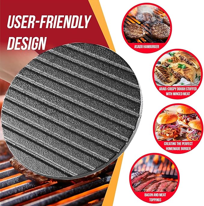 Burger Press with Professional Heavy Duty Cast Iron for Blackstone Griddle Grill,Smashburger, Bacon, Ground Beef Meat, Steak, Sausage, Sandwich Cooking【7.2 inch Round】
