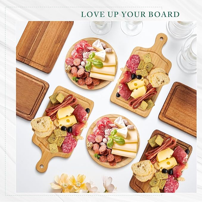 Ziliny 50 Set Bridal Baby Shower Cheese Prizes Wooden Square Board Gift Set Knives Forks Thank You Tags with Box for Guests for Valentines Bridal Baby Shower Housewarming Gifts (Acacia Color)