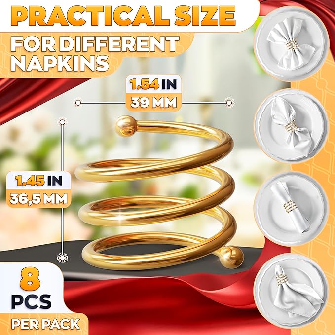 Gold Napkin Rings Set of 8 - Easter Napkin Rings with Elegant Spiral Design | Durable Metal & Shiny Gold Finish | Great for Weddings, Holidays & Everyday Use | Festive Easter Holiday Table Decoration