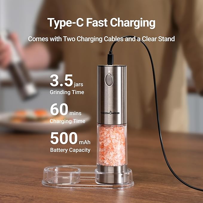 ThermoMaven Electric Salt and Pepper Grinder Set, 110ml Larger Rechargeable Automatic Salt and Pepper Mill Grinder with 6 Adjustable Coarseness, Electric Salt and Pepper Shakers, LED, Snow White